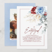 Invitation Dusty Blue Red Floral Engagement Party Photo (Devant / Derrière)