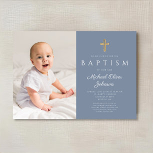 Invitation Dusty Blue Religieux Cross Boy Photo Baptême
