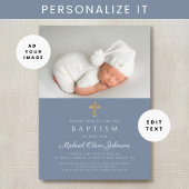 Invitation Dusty Blue Religieux Cross Boy Photo Baptême