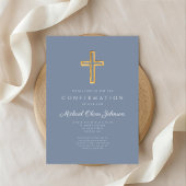 Invitation Dusty Blue Religious Wood Cross Boy Confirmation d