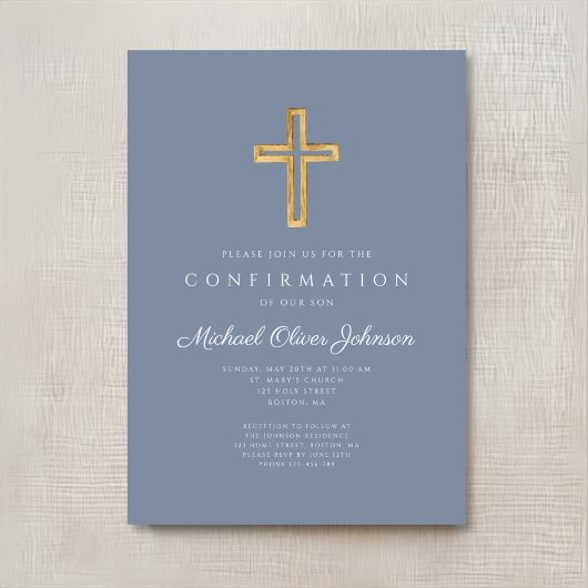 Invitation Dusty Blue Religious Wood Cross Boy Confirmation d