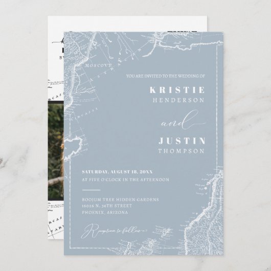 Invitation Dusty Blue Retro Voyage QR Code Mariage photo (Devant / Derrière)