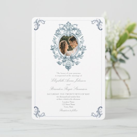 Invitation Dusty Blue Rococo Mariage (Debout devant)