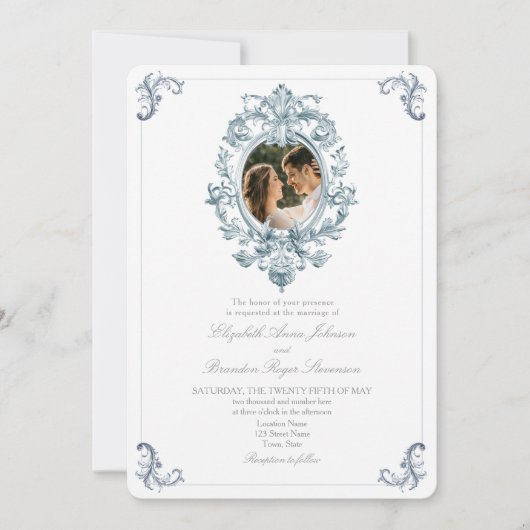 Invitation Dusty Blue Rococo Mariage (Devant)