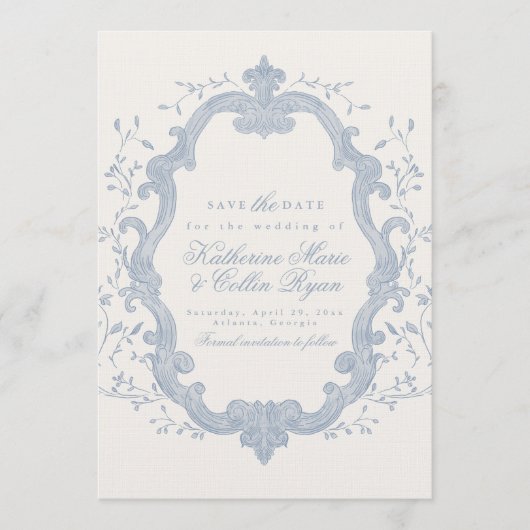 Invitation Dusty Blue Rococo Save The Date Card (Devant)