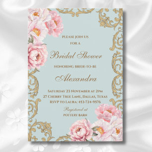 Invitation Dusty Blue Rococo Vintage Pivoine Baby Shower Mari