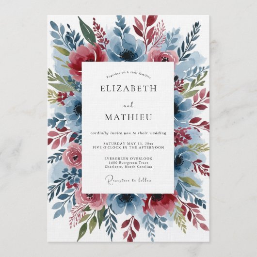 Invitation Dusty Blue Romantic Bloom Wedding (Devant)
