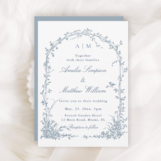 Invitation Dusty Blue Romantic Botanical Arch Garden Wedding 