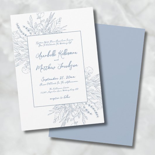 Invitation Dusty Blue Romantic Botanical Mariage élégant