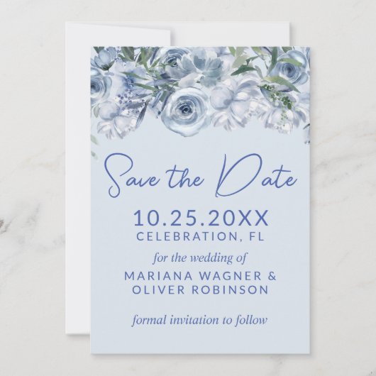 Invitation Dusty Blue Romantic Floral Enregistrer la date (Devant)