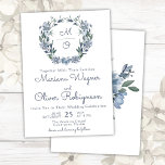 Invitation Dusty Blue Romantic Floral Mariage<br><div class="desc">Faire-part de mariage de couronnes fleuries bleu foncé pour un faire-part de mariage romantique.</div>