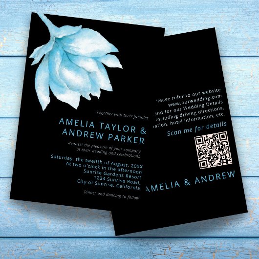Invitation Dusty Blue Rose Aquarelle moderne Mariage floral