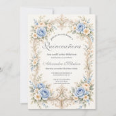 Invitation Dusty Blue Rose Baroque Quinceañera (Devant)