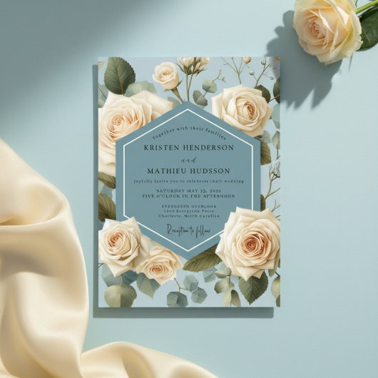 Invitation Dusty Blue Rose Botanical Wedding
