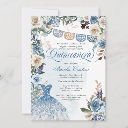 Invitation Dusty Blue Rose Fleurs de Pays Quinceañera (Devant)
