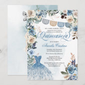 Invitation Dusty Blue Rose Fleurs de Pays Quinceañera (Devant / Derrière)