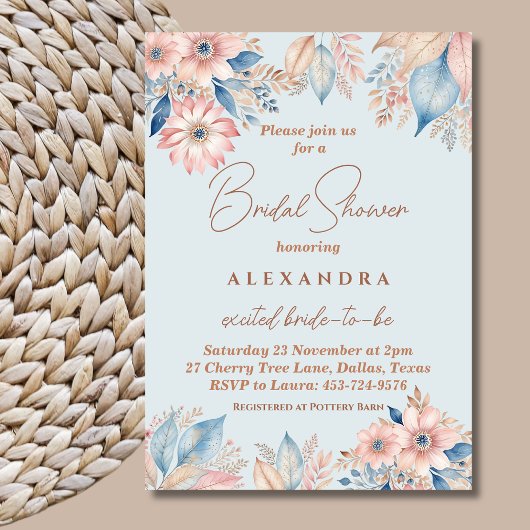 Invitation Dusty Blue rose Floral Boho Chic Fête des mariées