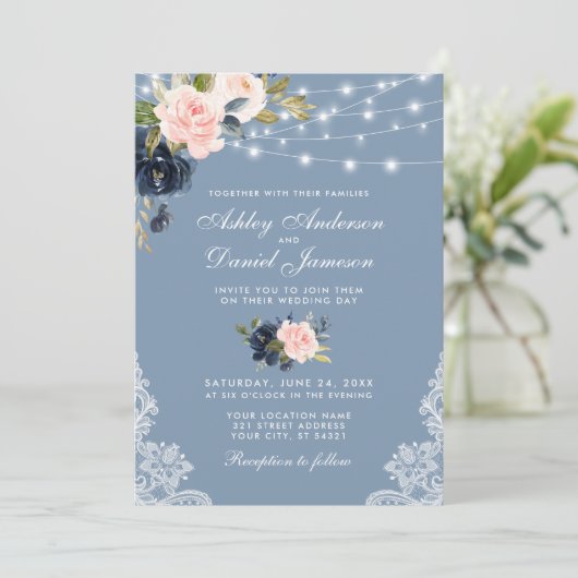 Invitation Dusty Blue Rose Floral String Mariage dentelle (Debout devant)