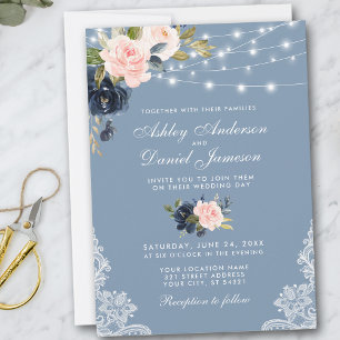 Invitation Dusty Blue Rose Floral String Mariage dentelle