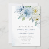 Invitation Dusty Blue Rose Floral Wedding Enregistrer la date (Devant)
