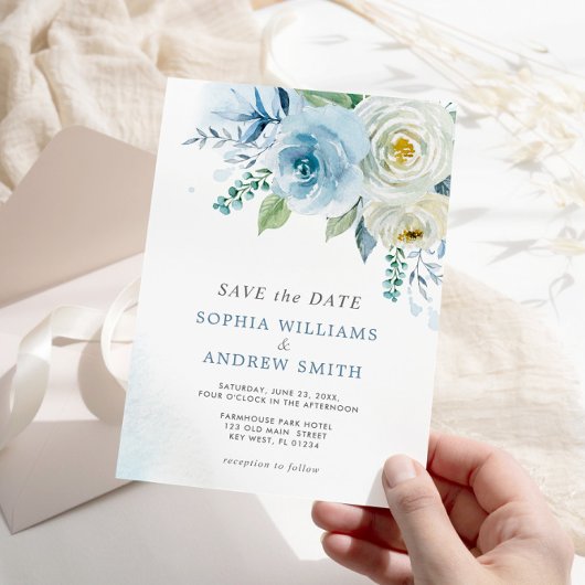 Invitation Dusty Blue Rose Floral Wedding Enregistrer la date