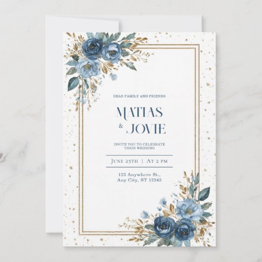 Invitation Dusty Blue Rose & Gold Botanical Mariage (Devant)