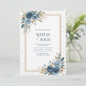 Invitation Dusty Blue Rose & Gold Botanical Mariage (Debout devant)