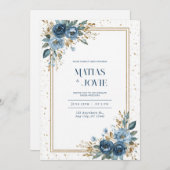 Invitation Dusty Blue Rose & Gold Botanical Mariage (Devant / Derrière)