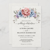 Invitation Dusty Blue Rose Gold Coral violet Mariage (Devant / Derrière)