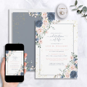 Invitation Dusty Blue Rose Gold Floral Célébration de la vie
