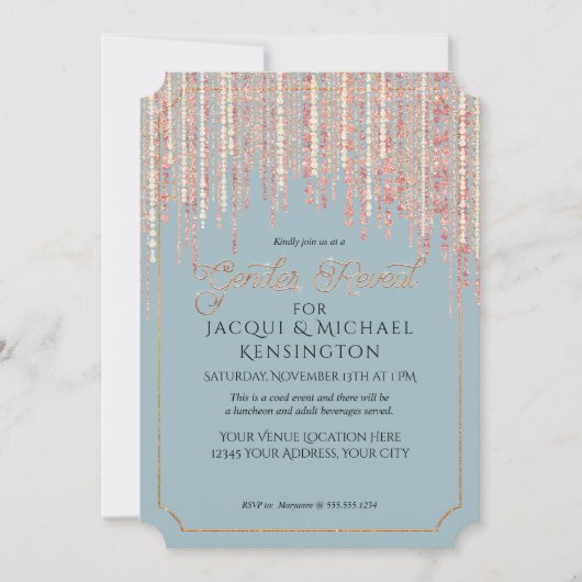 Invitation Dusty Blue Rose Gold Parties scintillant Fringe Ge (Devant)
