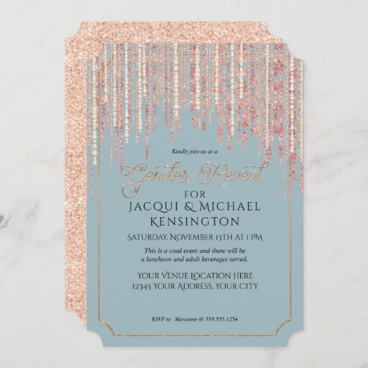 Invitation Dusty Blue Rose Gold Parties scintillant Fringe Ge (Devant / Derrière)