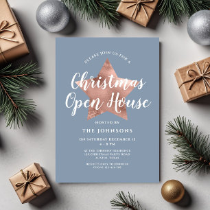 Invitation Dusty Blue Rose Gold Star Christmas Open House