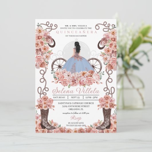 Invitation Dusty Blue Rose Gold Western Charro Quinceañera (Debout devant)