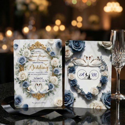 Invitation Dusty Blue Rose Marble Swan Fairytale Wedding