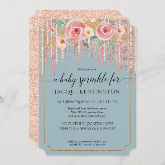 Invitation Dusty Blue Rose or Parties scintillant rose floral (Devant / Derrière)