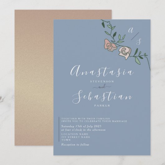 Invitation Dusty Blue Rose or rose rose Mariage floral (Devant / Derrière)