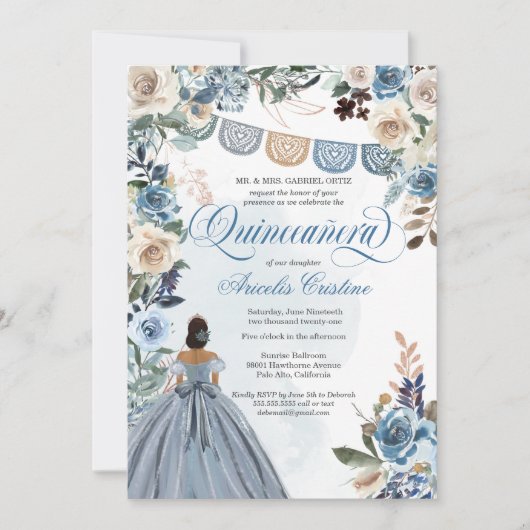 Invitation Dusty Blue Rose Rustic Country Quinceañera Invitat (Devant)