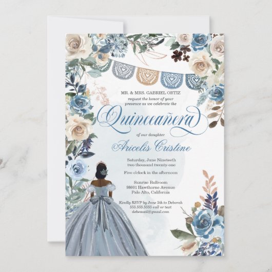 Invitation Dusty Blue Rose rustique Pays Quinceañera (Devant)