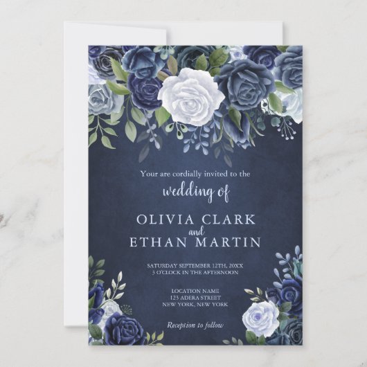 Invitation Dusty Blue Roses on Navy (Devant)