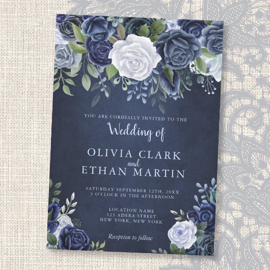 Invitation Dusty Blue Roses on Navy
