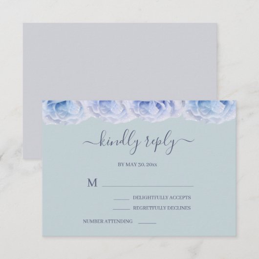 Invitation Dusty Blue Roses Sage Élégant Floral Mariage RSVP (Devant / Derrière)