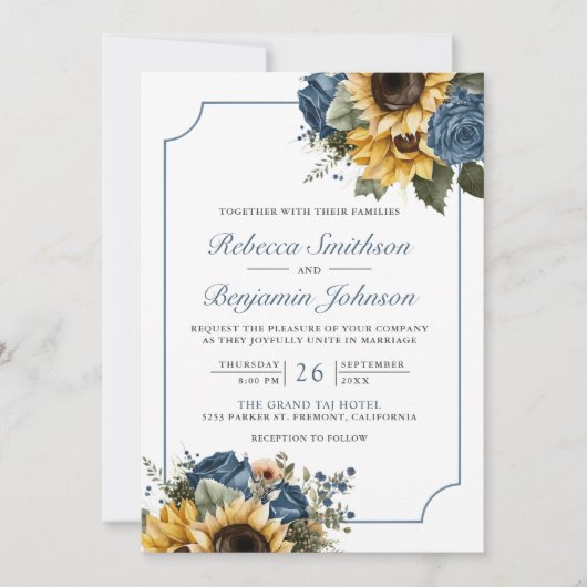 Invitation Dusty Blue Roses Tournesols Photo QR Code Mariage (Devant)