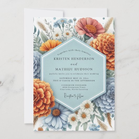 Invitation Dusty Blue Rustic Bloom Wedding (Devant)