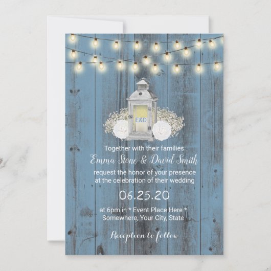 Invitation Dusty Blue Rustic Lantern & String Mariage (Devant)
