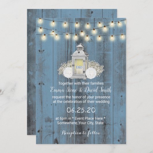 Invitation Dusty Blue Rustic Lantern & String Mariage (Devant / Derrière)