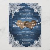Invitation Dusty Blue Rustic Wood Burlap Lights Mariage (Devant / Derrière)