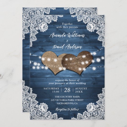 Invitation Dusty Blue Rustic Wood Burlap Lights Mariage (Devant / Derrière)