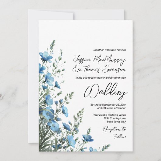 Invitation Dusty Blue Sage Boho Fleur sauvage Photo QR Mariag (Devant)