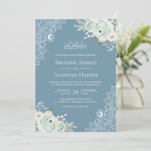 Invitation Dusty Blue Sage Green Floral Lace Mariage musulman (Debout devant)